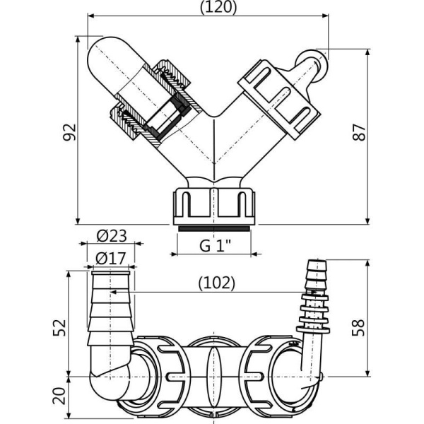 Колено с двумя штуцерами Alcaplast G1"/8-16, 17-23 с обратныйм клапаном, P149Z