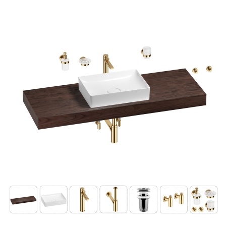 Раковина 50 см со столешницей 140 см Wellsee Pure BY Wellsee 201011498 в наборе 10 в 1: столешница, раковина, высокий смеситель, сифон, выпуск, кран-вентили, аксессуары (цвет золото)
