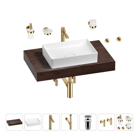 Раковина 50 см со столешницей 80 см Wellsee Pure BY Wellsee 201011138 в наборе 10 в 1: столешница, раковина, высокий смеситель, сифон, выпуск, кран-вентили, аксессуары (цвет золото)