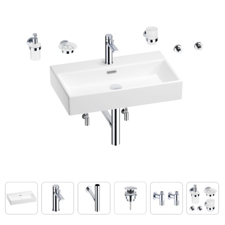Раковина для ванной Wellsee Graceful Pro 201006726 в наборе 9 в 1: раковина белого глянцевого цвета, смеситель, сифон, донный клапан, угловые вентили, аксессуары (цвет набора хром)