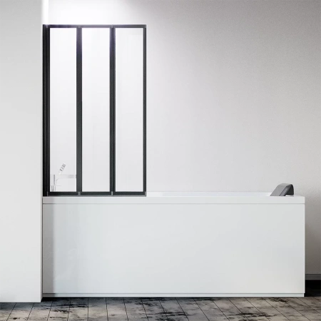 Шторка на ванну складная левая Veconi Palau, PL-73BL, 1200x1500, черный матовый, прозрачное стекло