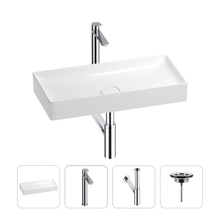 Раковина для ванной Wellsee Pure BY Wellsee 201002761 в наборе 4 в 1: раковина белого глянцевого цвета, высокий смеситель, сифон, выпуск (цвет набора хром)