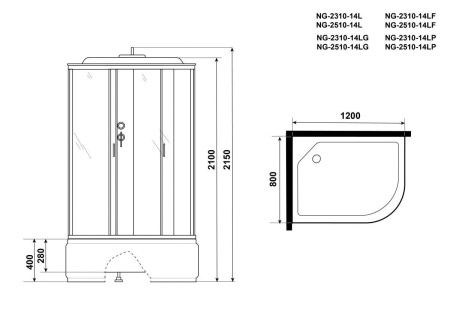 Душ.каб. NG-2310-14LG (1200х800х2150) высокий поддон(40см) стекло МАТОВОЕ 4 места