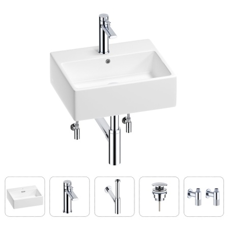 Раковина для ванной Wellsee Graceful Pro 201004611 в наборе 5 в 1: раковина белого глянцевого цвета, смеситель, сифон, донный клапан, угловые вентили (цвет набора хром)