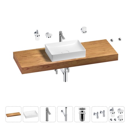 Раковина 50 см со столешницей 140 см Wellsee Pure BY Wellsee 201011476 в наборе 10 в 1: столешница, раковина, высокий смеситель, сифон, выпуск, кран-вентили, аксессуары (цвет хром)
