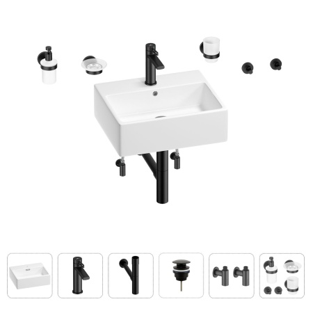 Раковина для ванной Wellsee Graceful Pro 201006677 в наборе 9 в 1: раковина белого глянцевого цвета, смеситель, сифон, донный клапан, угловые вентили, аксессуары (цвет набора матовый черный)