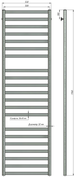 Полотенцесушитель водяной Stinox Maxima Luxe 500x1800, нижнее подключение, хром, 1/2" ВР (внутренняя резьба), 21 перекладина