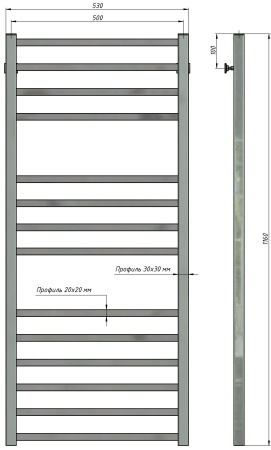 Полотенцесушитель водяной Stinox Quatro Luxe 500x1200, нижнее подключение, хром, 1/2" ВР (внутренняя резьба), 14 перекладин