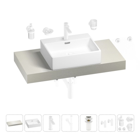 Раковина 50 см со столешницей 100 см Wellsee Graceful Pro 201012460 в наборе 10 в 1: столешница, раковина, смеситель, сифон, донный клапан, угловые вентили, аксессуары (цвет матовый белый)