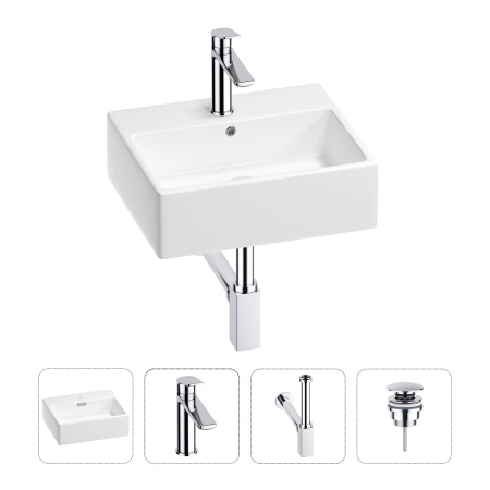Раковина для ванной Wellsee Graceful Pro 201002911 в наборе 4 в 1: раковина белого глянцевого цвета, смеситель, сифон, донный клапан (цвет набора хром)