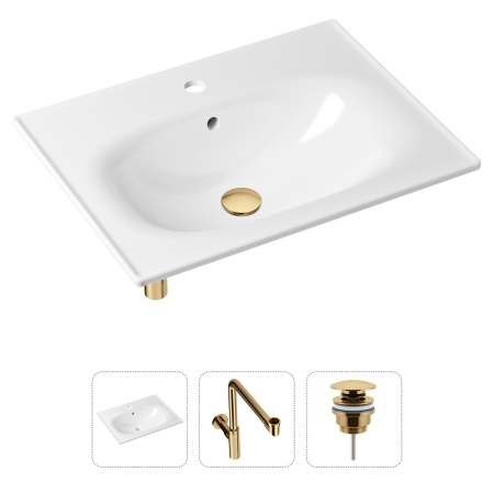 Комплект 3 в 1 Lavinia Boho Bathroom Sink 21520482: врезная фарфоровая раковина 60 см, металлический сифон, донный клапан
