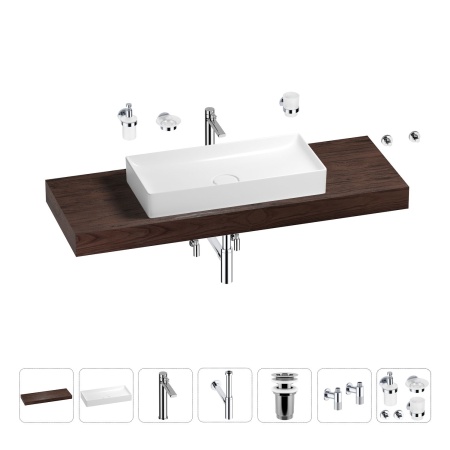 Раковина 75 см со столешницей 140 см Wellsee Pure BY Wellsee 201011856 в наборе 10 в 1: столешница, раковина, высокий смеситель, сифон, выпуск, кран-вентили, аксессуары (цвет хром)