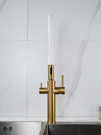 Смеситель для кухни с гибким изливом и подключением фильтра Shevanik S478G, золотой сатин