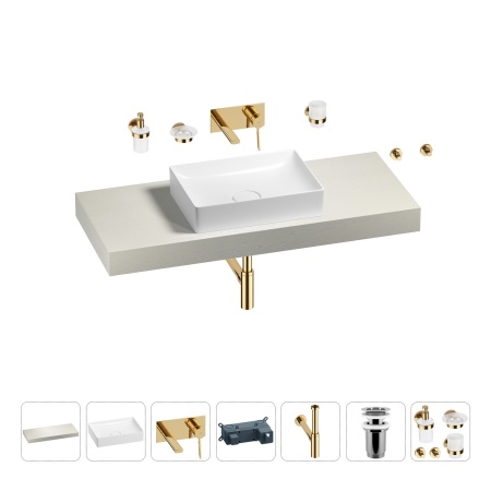 Раковина 50 см со столешницей 120 см Wellsee Pure BY Wellsee 201011328 в наборе 9 в 1: столешница, раковина, встраиваемый смеситель, сифон, выпуск, аксессуары (цвет набора золото)