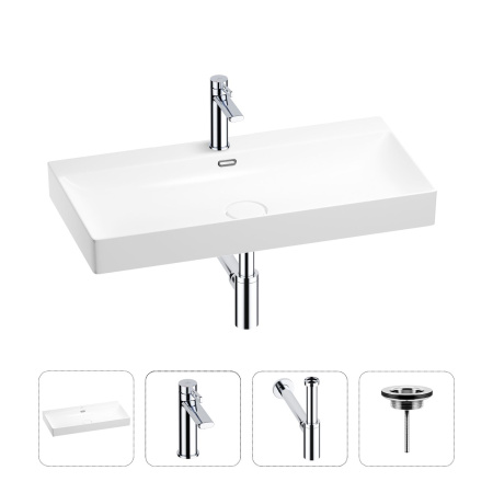 Раковина для ванной Wellsee Bromance 201003856 в наборе 4 в 1: раковина белого глянцевого цвета, смеситель, сифон, выпуск (цвет набора хром)