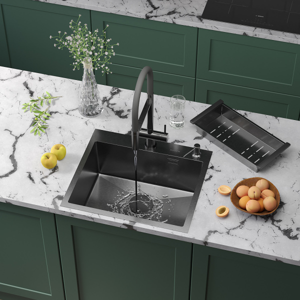 Кухонная мойка Roxen Simple 55 PVD (графит) с коландером и дозатором