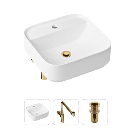Комплект 3 в 1 Lavinia Boho Bathroom Sink 21520319: накладная фарфоровая раковина 42 см, металлический сифон, донный клапан