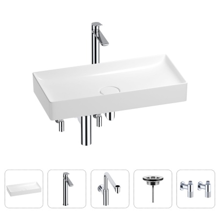 Раковина для ванной Wellsee Pure BY Wellsee 201004466 в наборе 5 в 1: раковина белого глянцевого цвета, высокий смеситель, сифон, выпуск, угловые вентили (цвет набора хром)
