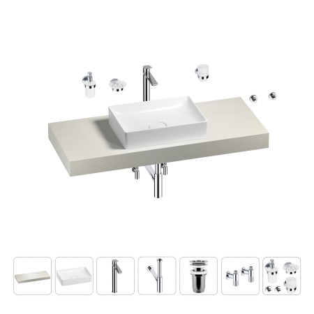 Раковина 50 см со столешницей 120 см Wellsee Pure BY Wellsee 201011311 в наборе 10 в 1: столешница, раковина, высокий смеситель, сифон, выпуск, кран-вентили, аксессуары (цвет хром)