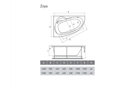 Ванна акриловая левосторонняя Relisan ZOYA Гл000001462, 150x95