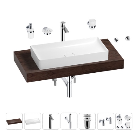 Раковина 75 см со столешницей 100 см Wellsee Pure BY Wellsee 201011611 в наборе 10 в 1: столешница, раковина, высокий смеситель, сифон, выпуск, кран-вентили, аксессуары (цвет хром)