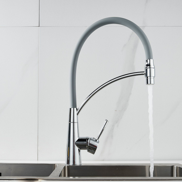 Смеситель для кухни с гибким изливом Shevanik S743-9, хром/серый