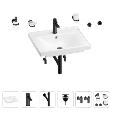 Раковина для ванной Wellsee FreeDom 201006977 в наборе 9 в 1: раковина белого глянцевого цвета, смеситель, сифон, донный клапан, угловые вентили, аксессуары (цвет набора матовый черный)