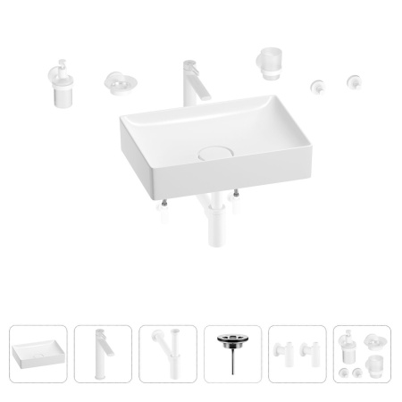 Раковина для ванной Wellsee Pure BY Wellsee 201006360 в наборе 9 в 1: раковина белого глянцевого цвета, высокий смеситель, сифон, выпуск, угловые вентили, аксессуары (цвет матовый белый)