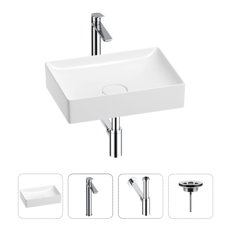 Раковина для ванной Wellsee Pure BY Wellsee 201002601 в наборе 4 в 1: раковина белого глянцевого цвета, высокий смеситель, сифон, выпуск (цвет набора хром)
