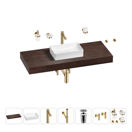 Раковина 42 см со столешницей 120 см Wellsee Pure BY Wellsee 201010938 в наборе 10 в 1: столешница, раковина, высокий смеситель, сифон, выпуск, кран-вентили, аксессуары (цвет золото)