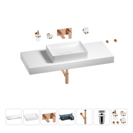 Раковина 50 см со столешницей 120 см Wellsee Pure BY Wellsee 201011404 в наборе 9 в 1: столешница, раковина, встраиваемый смеситель, сифон, выпуск, аксессуары (цвет набора розовое золото)
