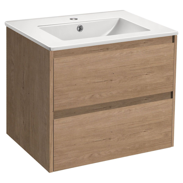 Тумба Vincea Gio 600 подвесная, 2 выкатных ящика soft-close, N.Oak с умывальником VBS-13960 керамическая, цвет белый