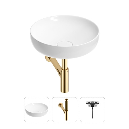 Раковина для ванной Wellsee Chalice Perfection 201001168 в наборе 3 в 1: круглая раковина белого глянцевого цвета, сифон, выпуск в цвете золото