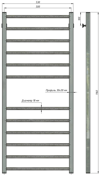 Полотенцесушитель водяной Stinox Classic 500x1200, нижнее подключение, хром, 1/2" ВР (внутренняя резьба), 12 перекладин