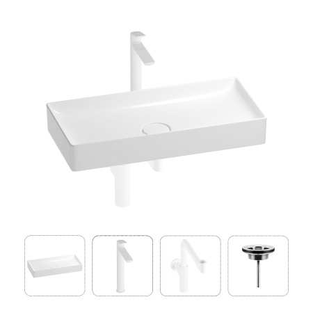 Раковина для ванной Wellsee Pure BY Wellsee 201002785 в наборе 4 в 1: раковина белого глянцевого цвета, высокий смеситель, сифон, выпуск (цвет набора матовый белый)
