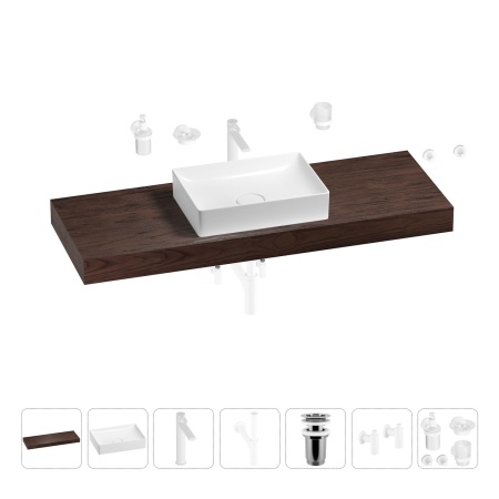 Раковина 50 см со столешницей 140 см Wellsee Pure BY Wellsee 201011500 в наборе 10 в 1: столешница, раковина, высокий смеситель, сифон, выпуск, кран-вентили, аксессуары (цвет матовый белый)