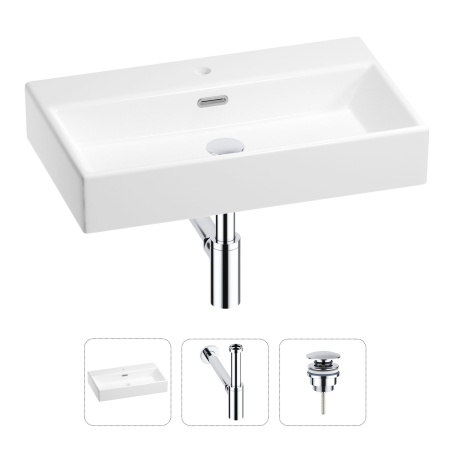 Раковина для ванной Wellsee Graceful Pro 201001351 в наборе 3 в 1: прямоугольная раковина белого глянцевого цвета, сифон, донный клапан в цвете хром