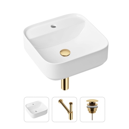 Комплект 3 в 1 Lavinia Boho Bathroom Sink 21520280: накладная фарфоровая раковина 42 см, металлический сифон, донный клапан