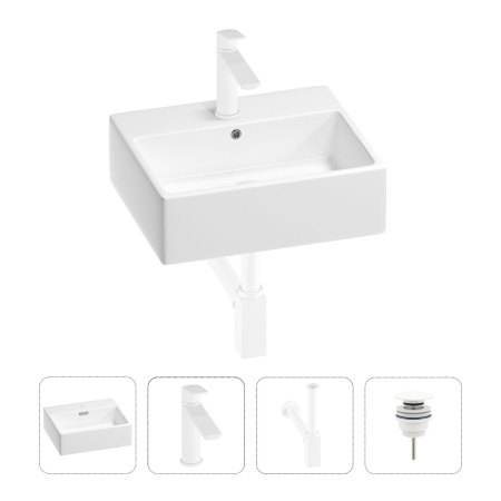 Раковина для ванной Wellsee Graceful Pro 201002915 в наборе 4 в 1: раковина белого глянцевого цвета, смеситель, сифон, донный клапан (цвет набора матовый белый)