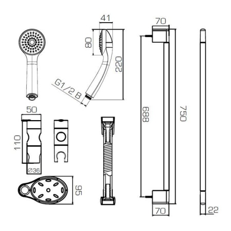 Душевой комплект Bravat Eco D152CP-1A-RUS штанга, шланг, лейка 3 режима, мыльница