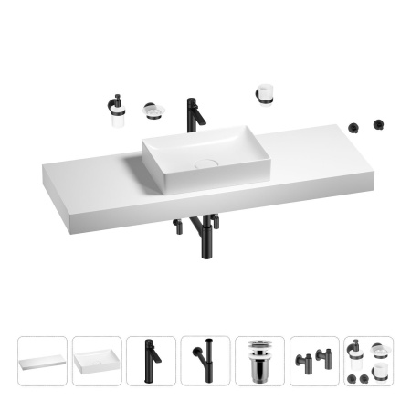 Раковина 50 см со столешницей 140 см Wellsee Pure BY Wellsee 201011517 в наборе 10 в 1: столешница, раковина, высокий смеситель, сифон, выпуск, кран-вентили, аксессуары (цвет матовый черный)