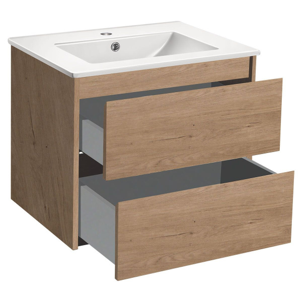 Тумба Vincea Gio 600 подвесная, 2 выкатных ящика soft-close, N.Oak с умывальником VBS-13960 керамическая, цвет белый