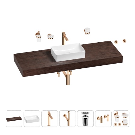 Раковина 42 см со столешницей 140 см Wellsee Pure BY Wellsee 201011029 в наборе 10 в 1: столешница, раковина, высокий смеситель, сифон, выпуск, кран-вентили, аксессуары (цвет розовое золото)