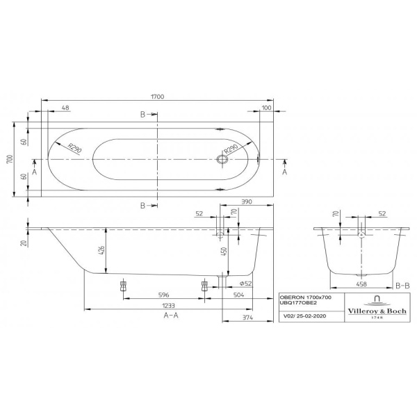 Ванна Villeroy & Boch Oberon 1700 x 700 мм, квариловая, UBQ177OBE2V-01