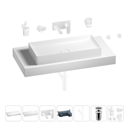 Раковина 75 см со столешницей 100 см Wellsee Pure BY Wellsee 201011645 в наборе 9 в 1: столешница, раковина, встраиваемый смеситель, сифон, выпуск, аксессуары (цвет набора матовый белый)