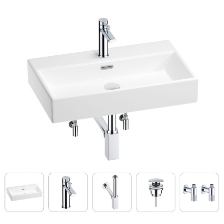 Раковина для ванной Wellsee Graceful Pro 201004641 в наборе 5 в 1: раковина белого глянцевого цвета, смеситель, сифон, донный клапан, угловые вентили (цвет набора хром)