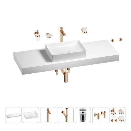 Раковина 50 см со столешницей 140 см Wellsee Pure BY Wellsee 201011514 в наборе 10 в 1: столешница, раковина, высокий смеситель, сифон, выпуск, кран-вентили, аксессуары (цвет розовое золото)