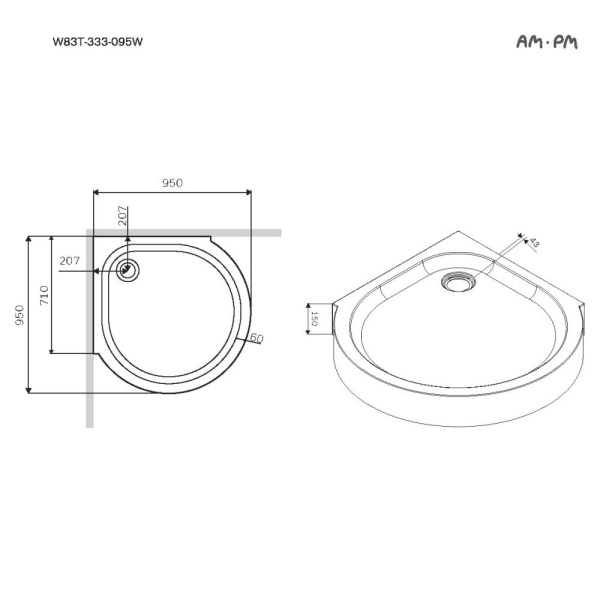 W83T-333-095W Like Round 95 Душевой поддон AM.PM  95x95, белый акрил
