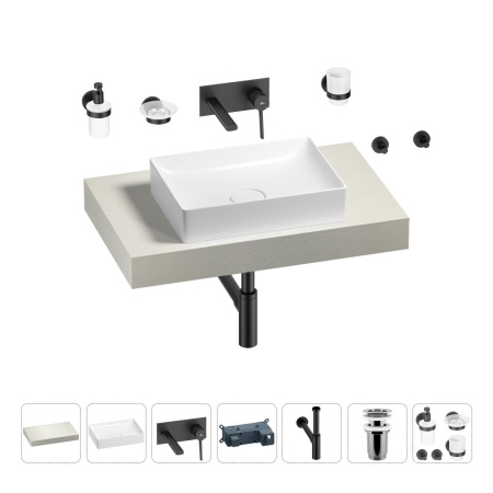 Раковина 50 см со столешницей 80 см Wellsee Pure BY Wellsee 201011087 в наборе 9 в 1: столешница, раковина, встраиваемый смеситель, сифон, выпуск, аксессуары (цвет набора матовый черный)