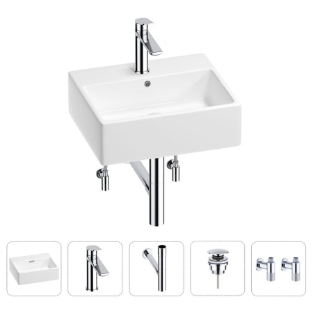 Раковина для ванной Wellsee Graceful Pro 201004596 в наборе 5 в 1: раковина белого глянцевого цвета, смеситель, сифон, донный клапан, угловые вентили (цвет набора хром)